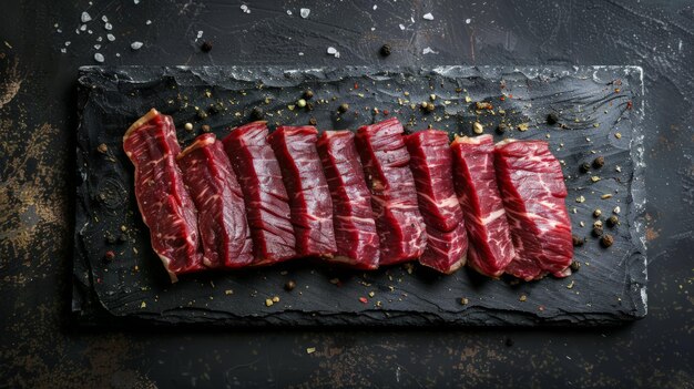 Foto vista superior de premium rare slices muchas partes de carne de res wagyu a5 con textura de mármol alto en placa de piedra servida para yakiniku