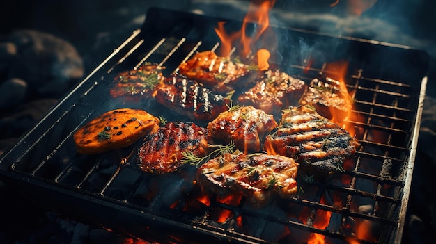 Vista superior de primer plano del fuego de barbacoa con vieja parrilla Concepto de preparación de alimentos con fuego de BBQ Generativo Ai