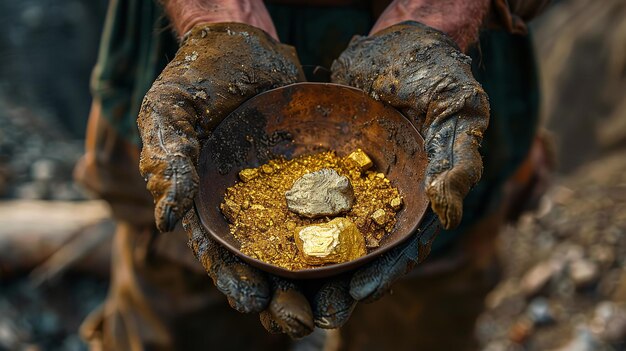 Vista superior de un prospector con las manos sucias sosteniendo una pepita de oro reluciente en un cuenco trabajo duro realizado por trabajadores y espacio IA generativa