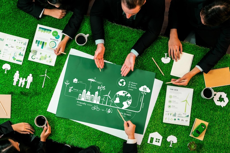 Foto vista superior del proyecto de inversión esg con líderes empresariales en la reunión de reliance