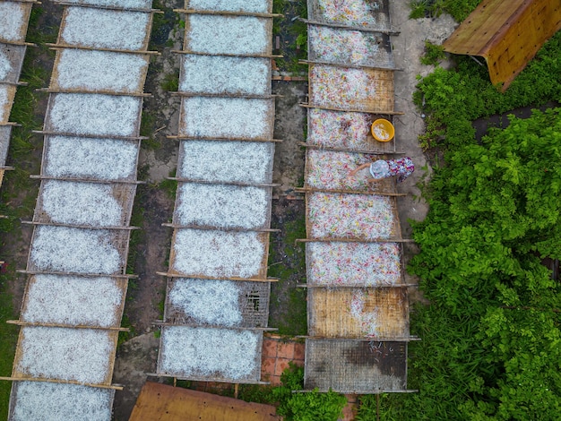 Vista superior del pueblo tradicional haciendo comida de jalea colorida estaban secando jalea fresca en una cuadrícula de madera para el mercado concepto de estilo de vida