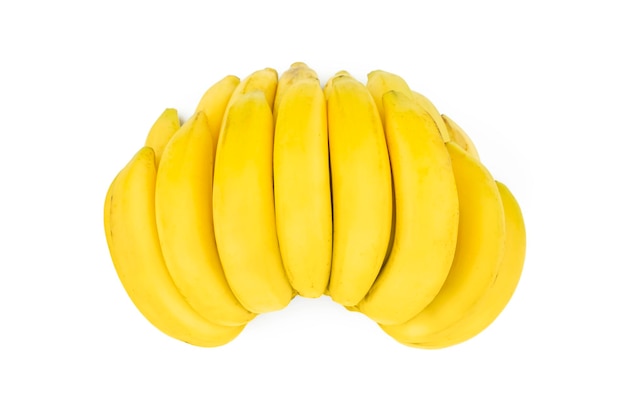 Vista superior de un racimo de plátanos aislado sobre fondo blanco.