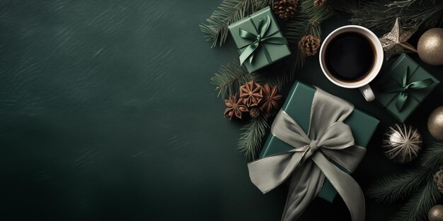 Foto vista superior de las ramas y conos de café nobilis con cinta de regalos en fondo verde con espacio a la izquierda