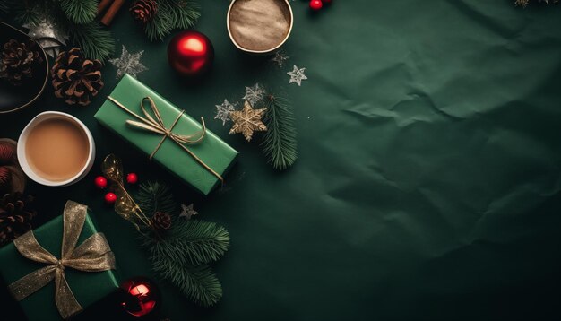 Vista superior de las ramas y conos de café nobilis regalos de Navidad con cinta sobre fondo verde