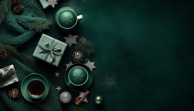 Foto vista superior de las ramas y conos de café nobilis regalos de navidad con cinta sobre fondo verde