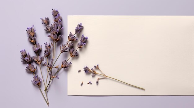 Foto vista superior de ramas de lavanda y eucalipto en una maqueta de tarjeta de felicitación con sobre con espacio para escribir