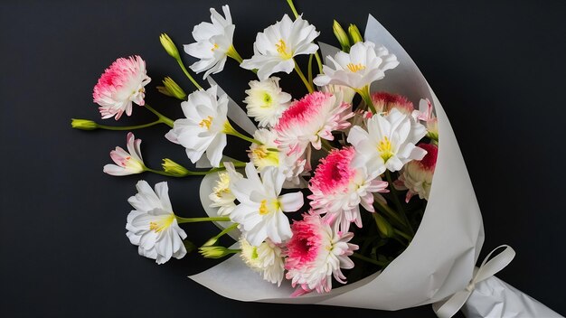 Vista superior de un ramo de flores de alstroemeria y crisantemo de color blanco y rosa en papel artesanal