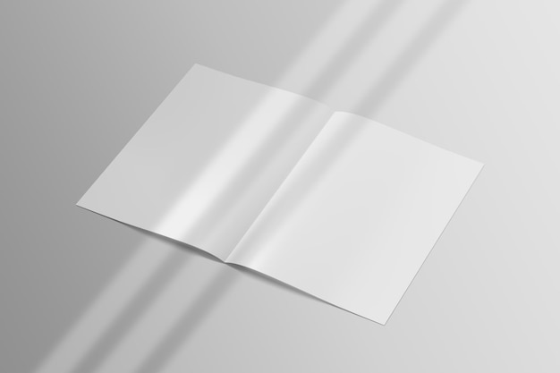 Vista superior realista abierto retrato A4 o A5 revista o folleto para papelería y marca Plantilla de maqueta con aislado en fondo gris claro ventana línea sombra superposición 3D renderizado