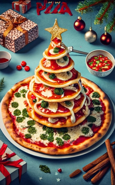 Foto vista superior de la rebanada de pizza aislada en el fondo de cristmas