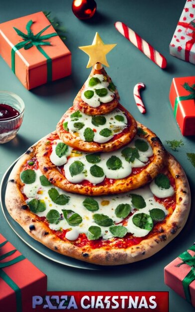 Foto vista superior de la rebanada de pizza aislada en el fondo de cristmas