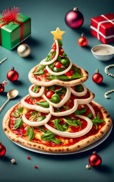 Foto vista superior de la rebanada de pizza aislada en el fondo de cristmas