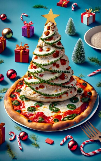 Foto vista superior de la rebanada de pizza aislada en el fondo de cristmas