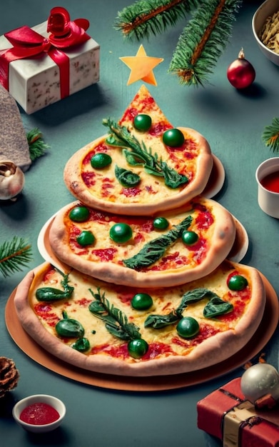 Foto vista superior de la rebanada de pizza aislada en el fondo de cristmas