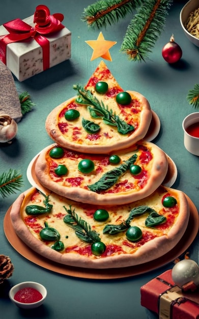 Vista superior de la rebanada de pizza aislada en el fondo de Cristmas