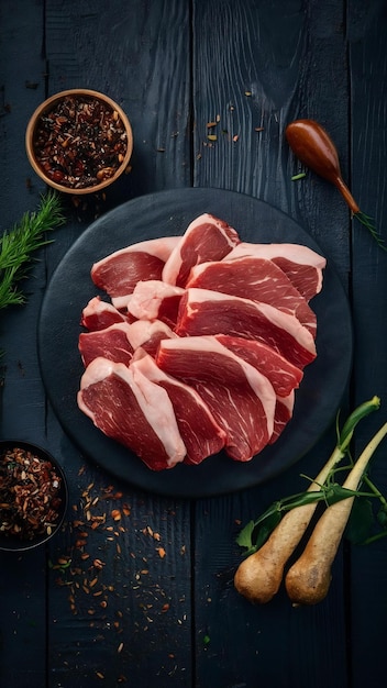 Vista superior rebanadas de carne fresca carne cruda en una mesa redonda de madera en una mesa oscura comida frescura animal harina de vaca foo