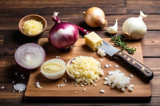 Vista superior de rebanadas de cebolla y cuchillo en la tabla de cortar con mantequilla salada y rallador en fondo de madera