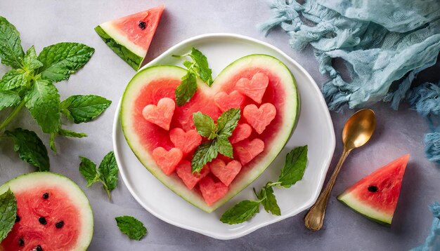 vista superior de las rebanadas de sandía en forma de corazón en un plato blanco