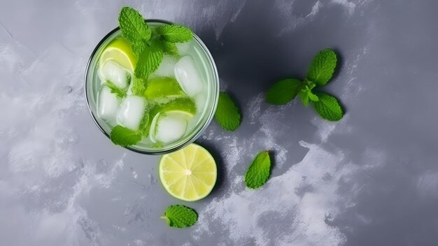 Vista superior del refrescante mojito de cóctel de menta en un vaso sobre fondo gris con hojas de menta lima e imagen generada por la red neuronal de hielo