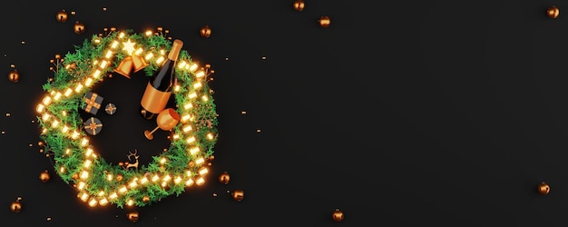 Vista superior de renderizado 3D de guirnalda de iluminación iluminada en forma de estrella sobre corona de Navidad con botella de champán, vaso de bebida y espacio de copia. Diseño de banner o encabezado.