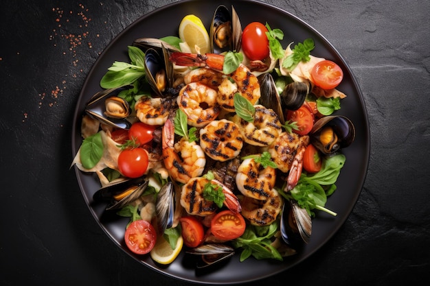 Vista superior del restaurante que sirve una ensalada tibia de mariscos con mejillones y calamares asados