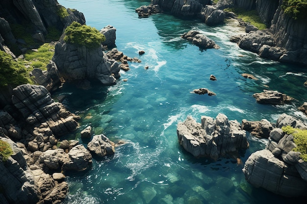 Vista superior del río con agua clara y acantilados rocosos en Bright Day AI generativo