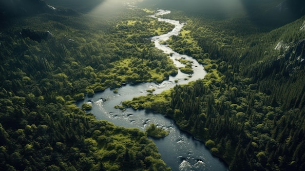 Vista superior del río junto con el bosque.