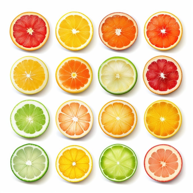 Foto vista superior de rodajas de cítricos orgánicos frescos de lima, naranja, limón, pomelo aislado