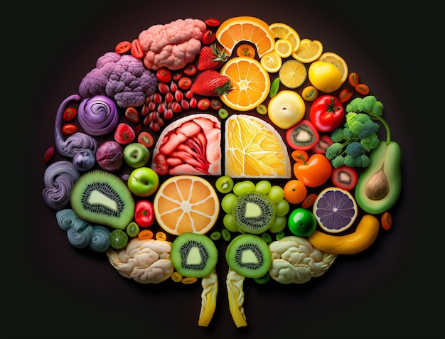 Vista superior de rodajas de frutas y verduras en forma de cerebro humano Nutriciones para la salud del cerebro