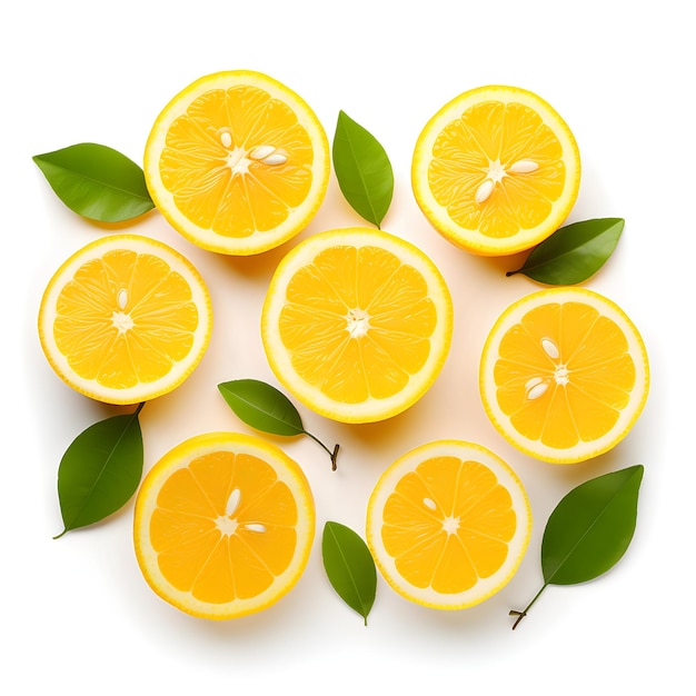 Vista superior Rodajas de limón y hojas sobre blanco Zesty Citrus Elegance