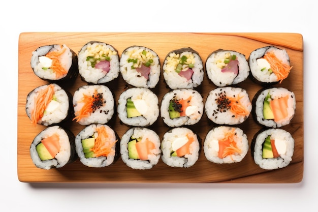 Vista superior de rollos de sushi veganos sobre una tabla de madera sobre fondo blanco.