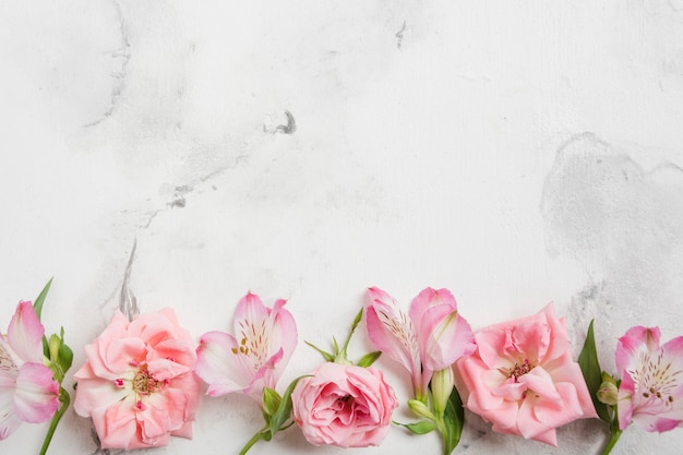 Vista superior de rosas de primavera y orquídeas con fondo de mármol y espacio de copia