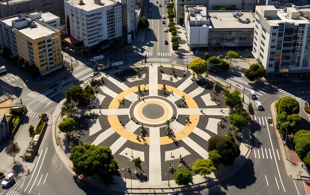 Foto vista superior de una rotonda en medio de una ciudad ocupada vista aérea centrada simétrica