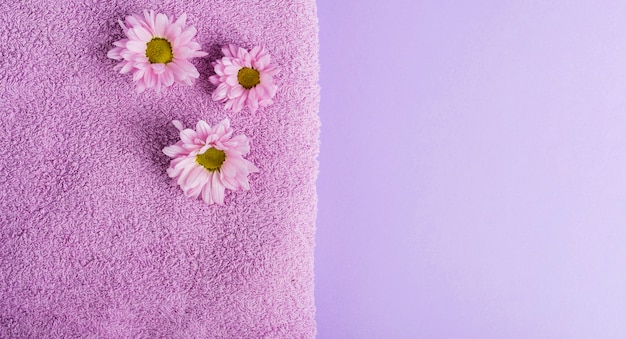 Foto vista superior roxa flores e toalha com cópia-espaço