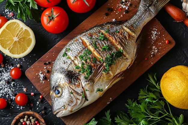 Vista superior saboroso peixe cozido com legumes frescos em uma mesa escura