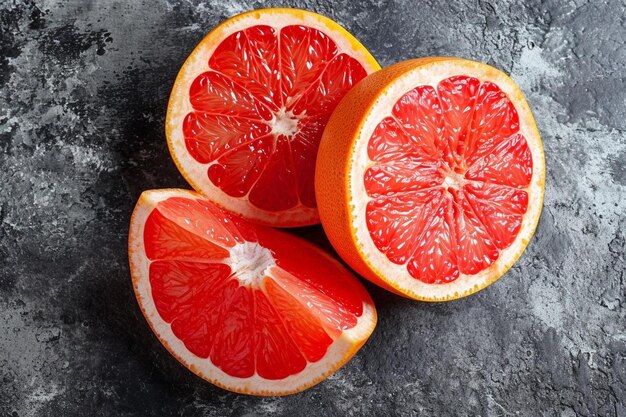 Vista superior de los sabrosos pomelos frescos y las jugosas rodajas de frutas a la luz