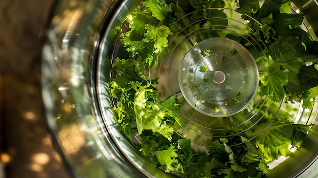 Vista superior de una saladería con hojas de salada verdes frescas La saladería está hecha de metal y tiene una tapa transparente