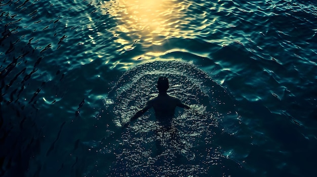 Vista superior de la silueta del hombre nadando en el mar. Foto cinematográfica de alta calidad.