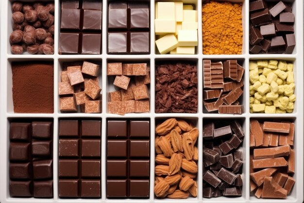 Vista superior del sistema de almacenamiento de chocolate con varios compartimentos