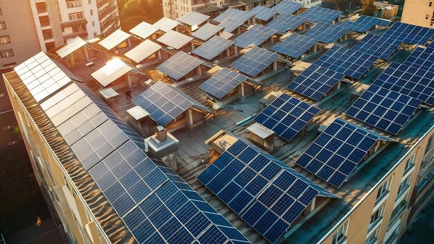 Foto vista superior del sistema de paneles fotovoltaicos solares azules en la parte superior del techo de un edificio de apartamentos