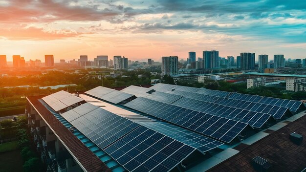 Foto vista superior del sistema de paneles fotovoltaicos solares azules en la parte superior del techo de un edificio de apartamentos