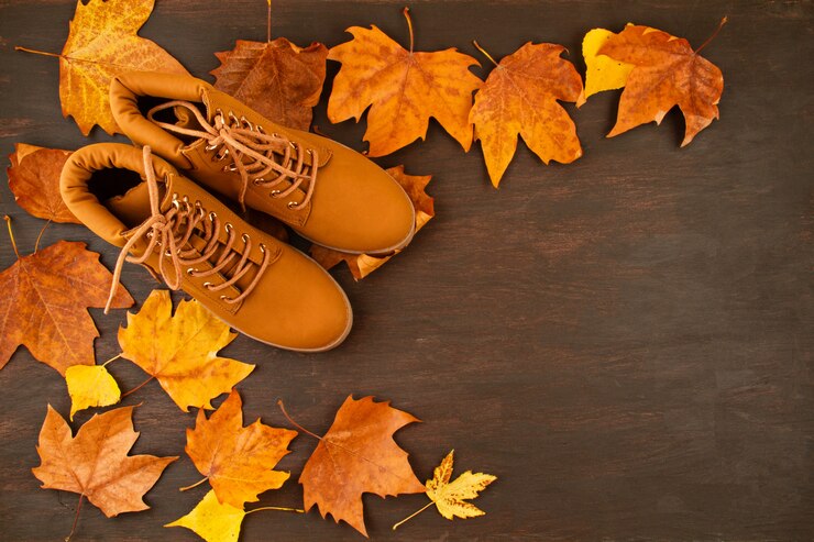 Vista superior sobre las botas naranjas de otoño y las hojas de otoño
