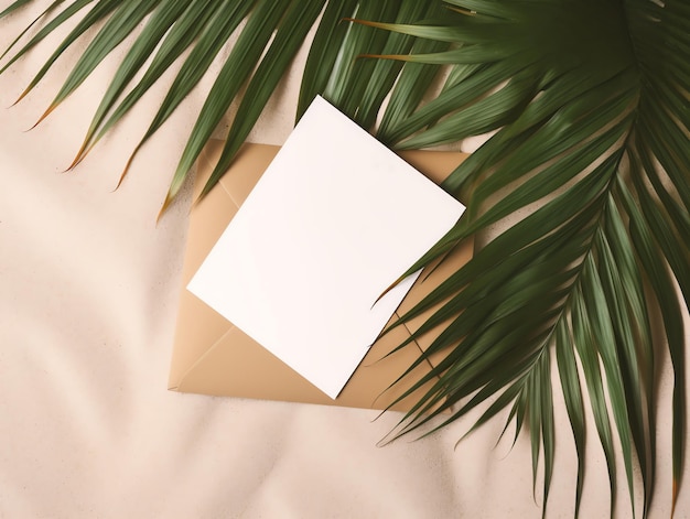 Vista superior del sobre con tarjeta en blanco y hojas de palma sobre fondo de arena
