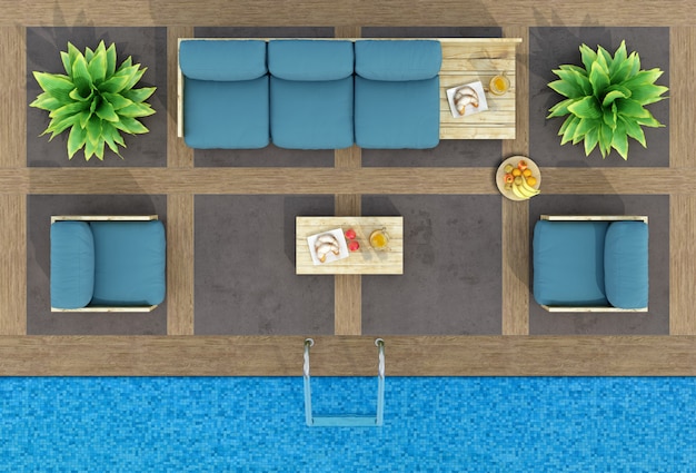 Foto vista superior del sofá de paleta junto a la piscina