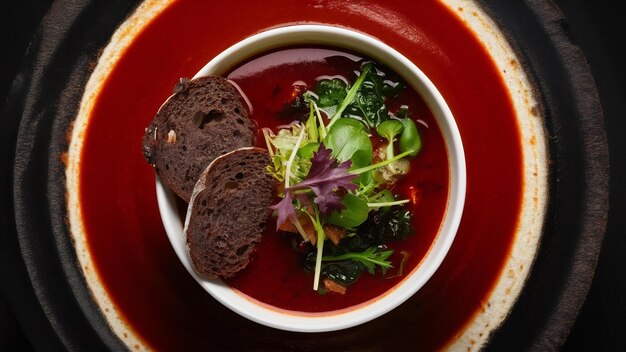 Foto vista superior sopa de borsch com pães escuros e verduras no espaço escuro