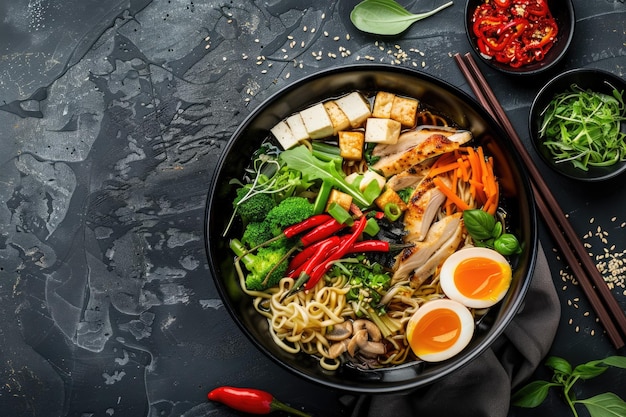 Vista superior de la sopa de fideos de ramen asiática con verduras de pollo y tofu y huevo en un cuenco negro