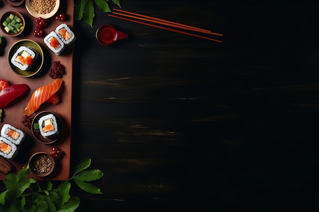Foto vista superior sushi japonês em mesa escura
