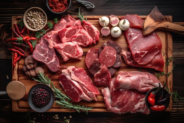 vista superior de una tabla de cortar de madera con trozos de carne cruda para cocinar IA generativa