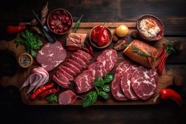 vista superior de una tabla de cortar de madera con trozos de carne cruda para cocinar IA generativa