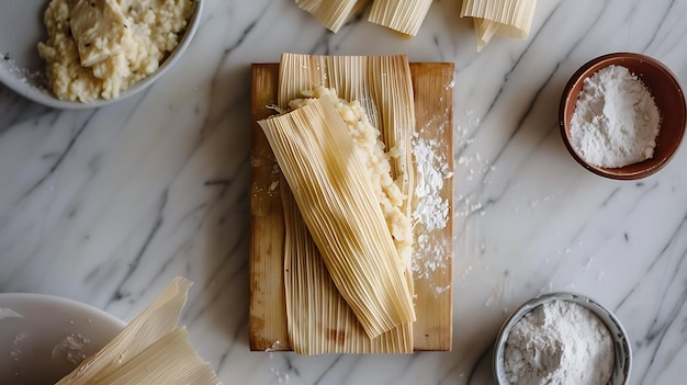 Foto vista superior de una tabla de corte de madera en una mesa de mármol en la tabla hay una cáscara de tamale parcialmente llena