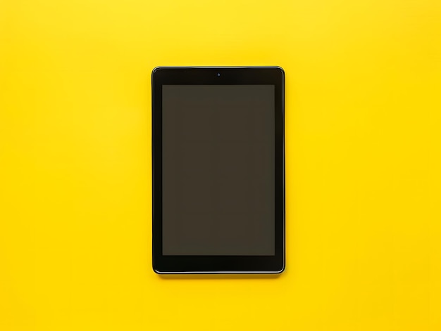 Vista superior de la tableta digital con pantalla en blanco sobre un fondo amarillo